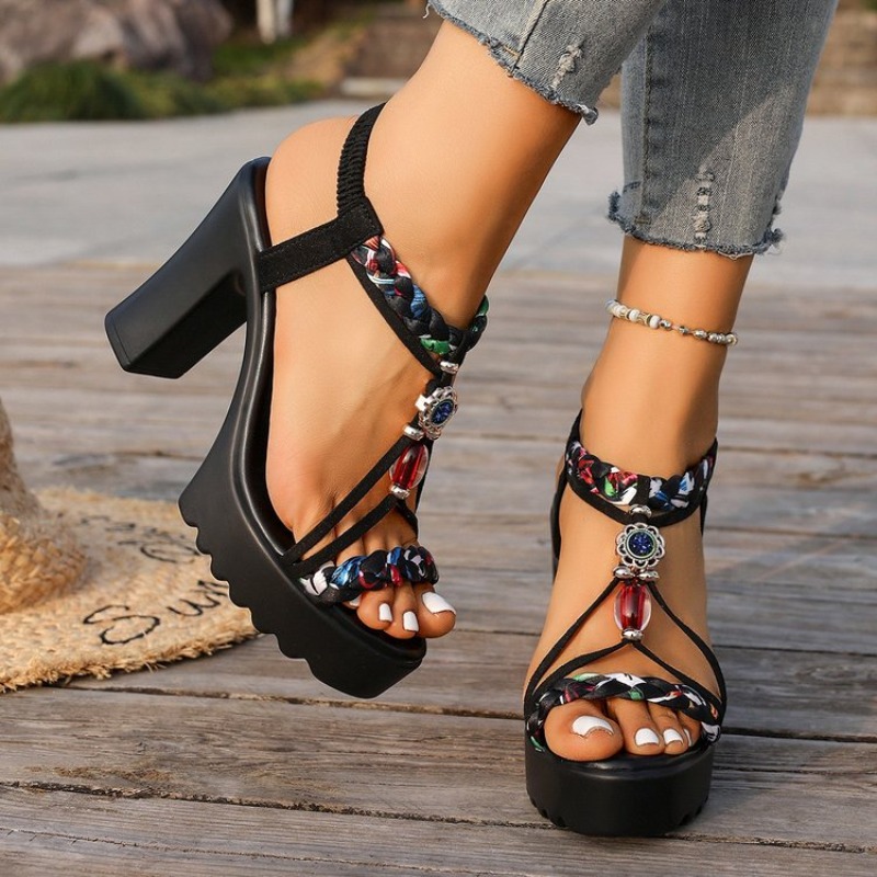 Ethnic Fashion Style - Sandalias de Tacón Grueso Estilo Étnico